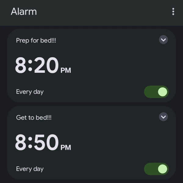 A screen grab of Coach Ryan's bedtime alarm.