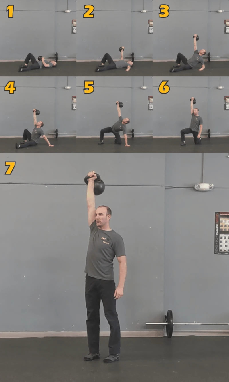 Coach Ryan demonstrates the steps of a Turkish Getup.