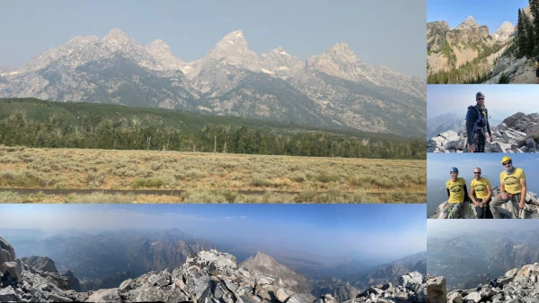 A collage of pictures around and at the summit of Grand Teton