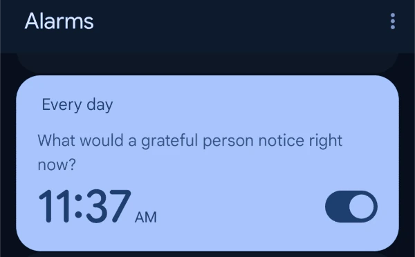 A screenshot of an alarm on Coach Ryan's phone that reminds him to notice what a grateful person would notice at that time.