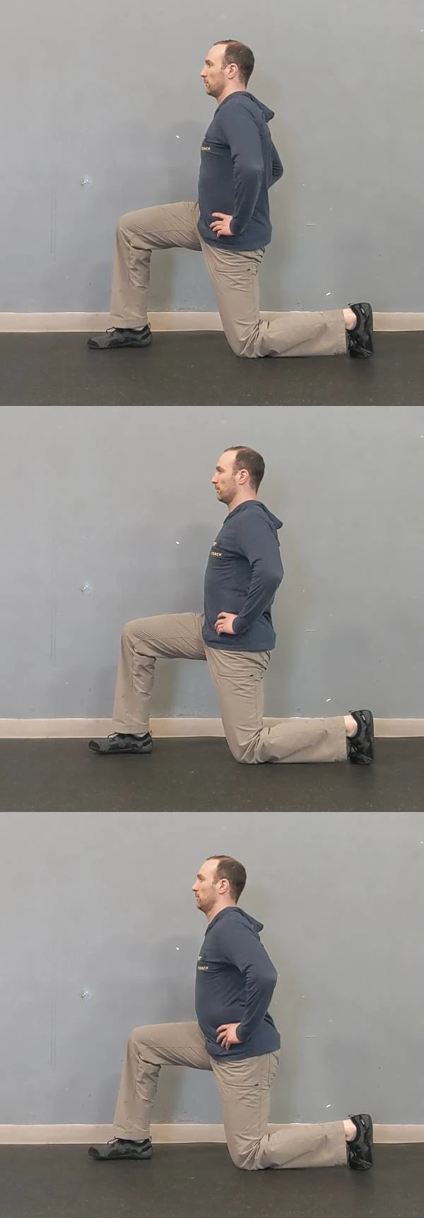 Coach Ryan demonstrates common hip-oriented mistakes on the half kneeling hip stretch.