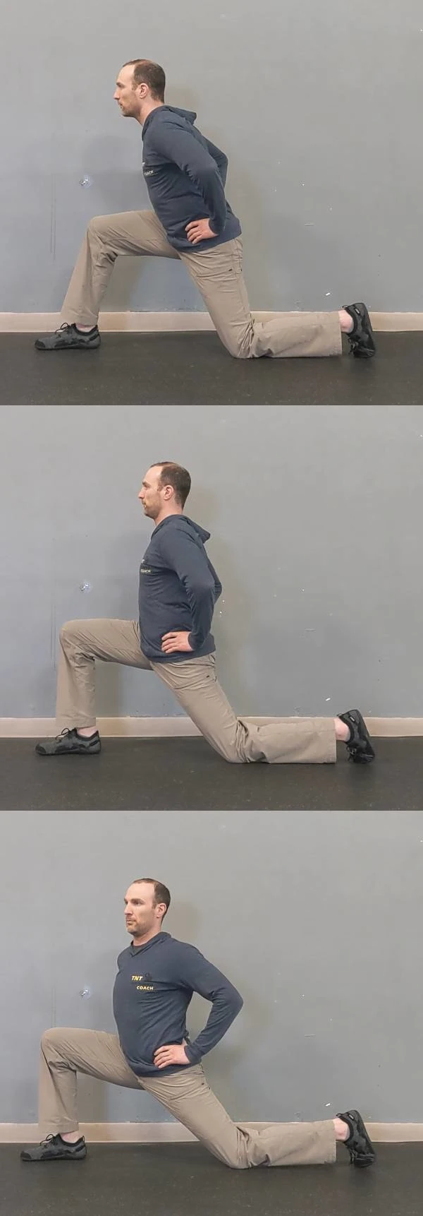 Coach Ryan demonstrates common movement-oriented mistakes on the half kneeling hip stretch.