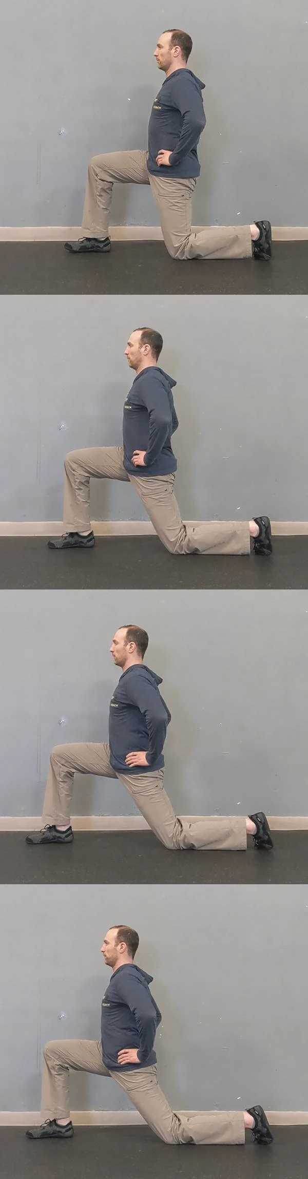 Coach Ryan demonstrates the half-kneeling hip stretch.