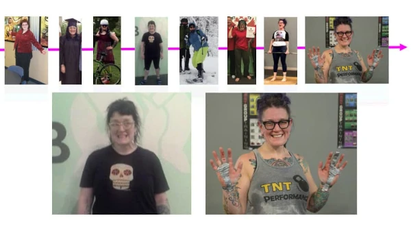 A collage depicting the progression that KG—a TNT member—experienced over her fitness journey.