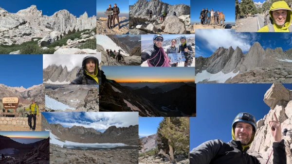 A photocollage of images from Coach Ryan's camera roll from a climbing trip to Mt. Whitney.