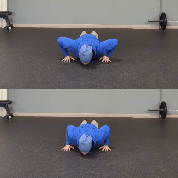 Coach Ryan demonstrates incorrect (flared) and correct (not flared) elbow positions at the bottom of a pushup.