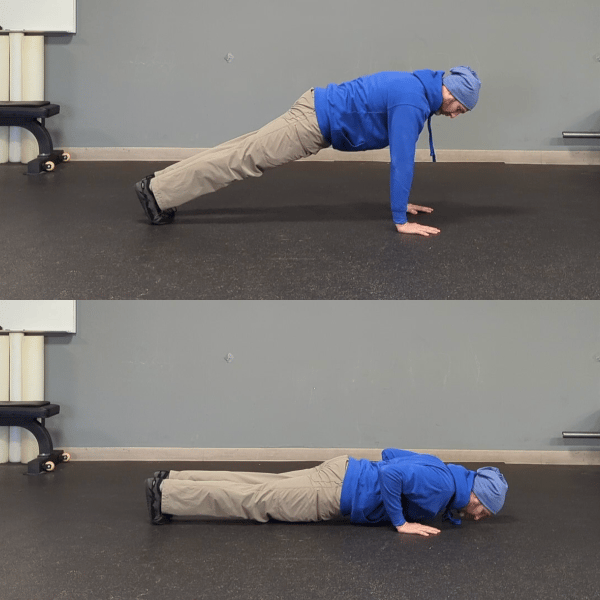 Coach Ryan demonstrates the top and bottom pushup position with hands that are correctly positioned at shoulder height.