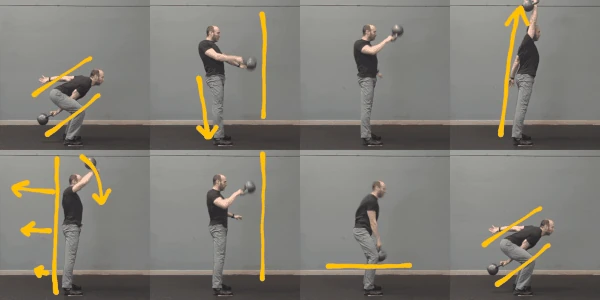 Multiple snapshots of the kettlebell snatch, with added lines depicting where Coach Ryan focuses at each point of the movement.