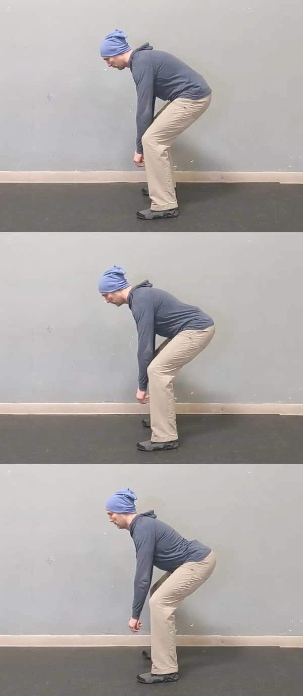 Coach Ryan demonstrates three spine positions—one good and two not-so-good—in a hinge position.