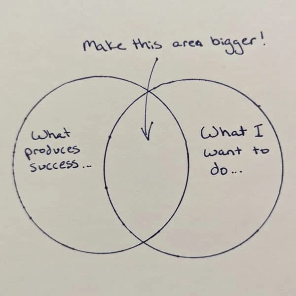 A Venn diagram: What produces success vs. What you want to do. Make the overlap bigger!