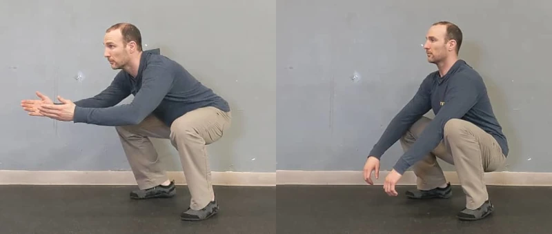 Coach Ryan demonstrates how squats typically look with tighter or looser hips.